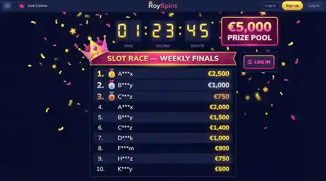 Royspins live tournament leaderboard showing countdown timer, ranked players with gold prizes and β¬5000 prize pool